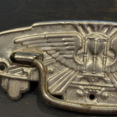 Chromed metal coffin handle - Art Deco Winged hourglass