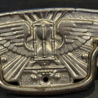 Chromed metal coffin handle - Art Deco Winged hourglass