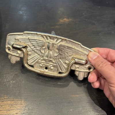 Chromed metal coffin handle - Art Deco Winged hourglass