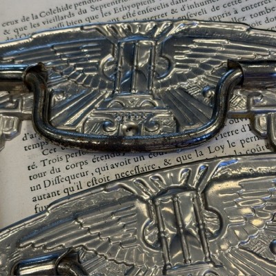 Chromed metal coffin handle - Art Deco Winged hourglass