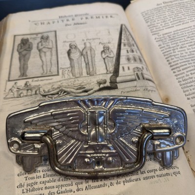 Chromed metal coffin handle - Art Deco Winged hourglass