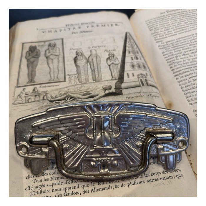 Chromed metal coffin handle - Art Deco Winged hourglass