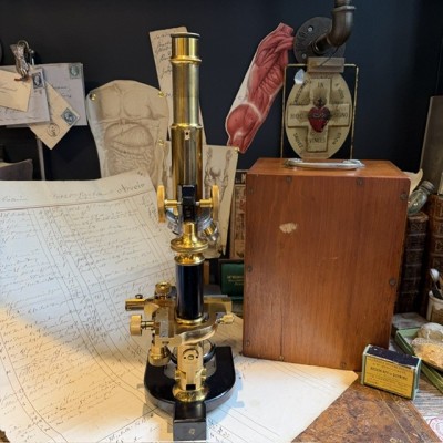 Microscope Stiassnie Paris en laiton - Coffret acajou - 1905/1908