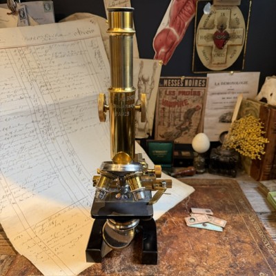Microscope Stiassnie Paris en laiton - Coffret acajou - 1905/1908
