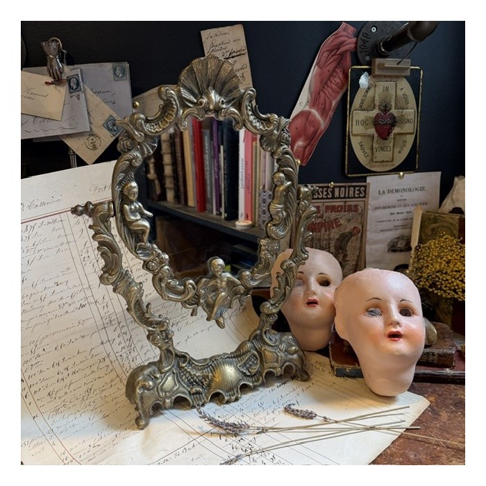 Miroir psyché de table en laiton - Putti et rocaille - Fin XIXème