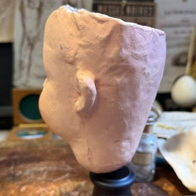 Antique papier-mâché doll’s head on a wooden base - Ref A