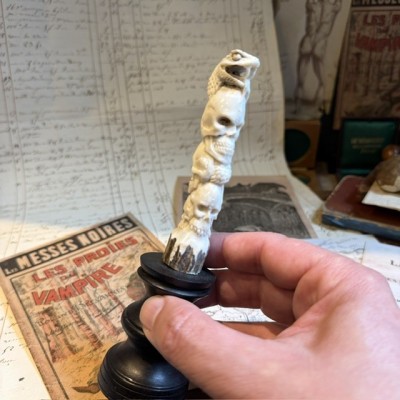 Deer antler wood sculpture - Snake and Skulls Totem on pedestal