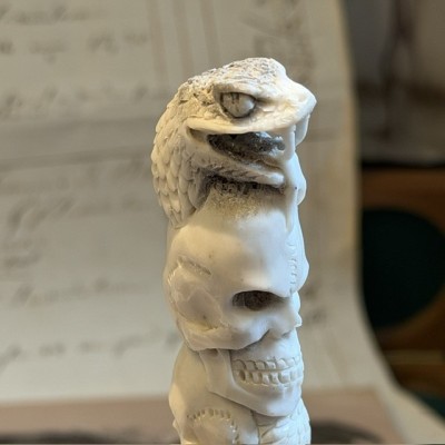 Deer antler wood sculpture - Snake and Skulls Totem on pedestal