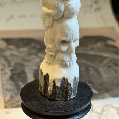 Deer antler wood sculpture - Snake and Skulls Totem on pedestal