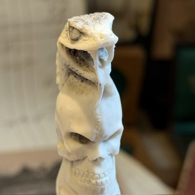 Deer antler wood sculpture - Snake and Skulls Totem on pedestal