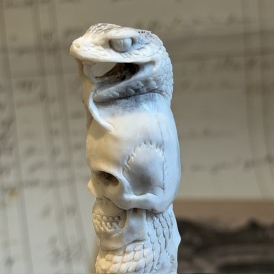 Deer antler wood sculpture - Snake and Skulls Totem on pedestal
