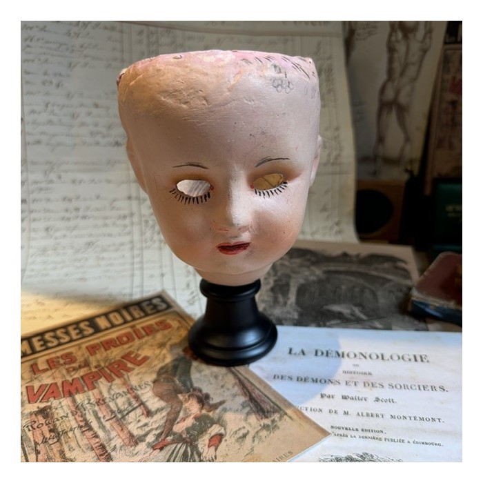 Antique papier-mâché doll’s head on a wooden base - Ref A