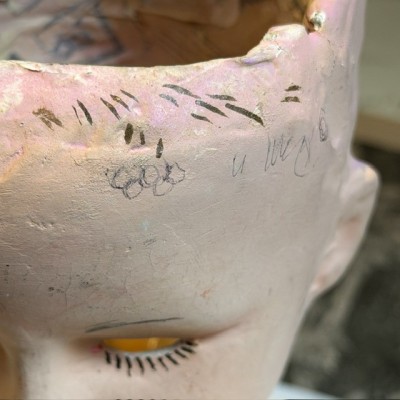 Antique papier-mâché doll’s head on a wooden base - Ref A