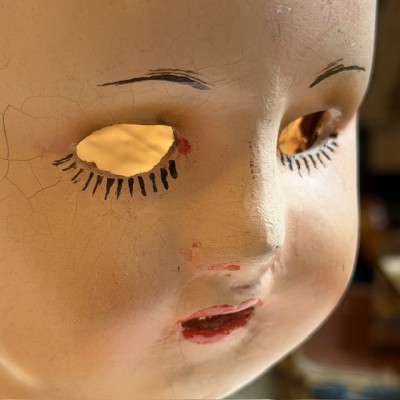 Antique papier-mâché doll’s head on a wooden base - Ref A