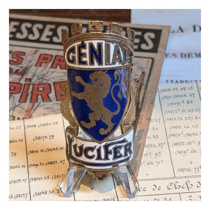 Génial Lucifer - Ancienne plaque de vélo - Laiton & Émail Bleu - 1930