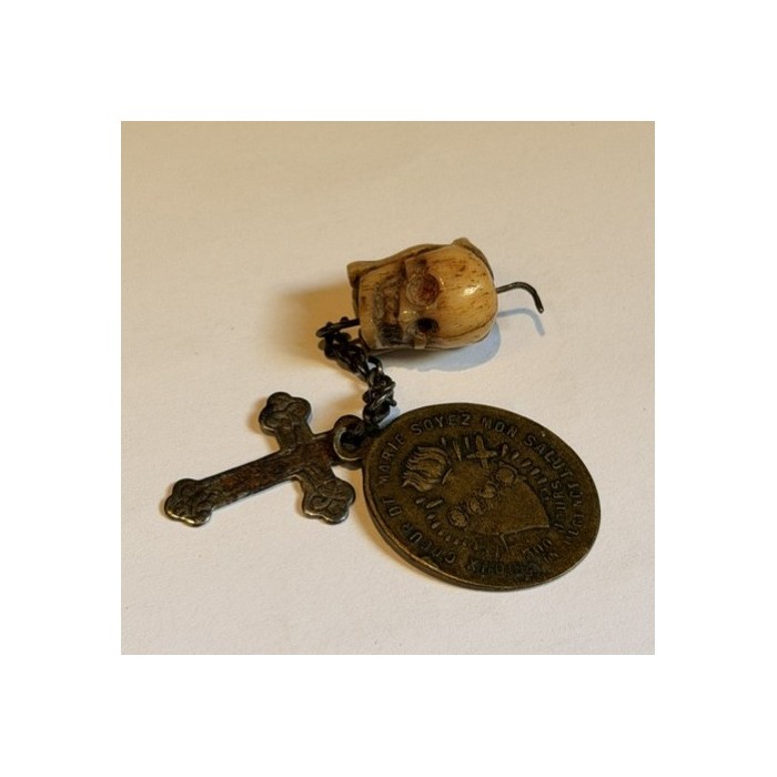 Memento Mori - Grain de rosaire bi-face avec médaille d'indulgence - Piété XIXème siècle