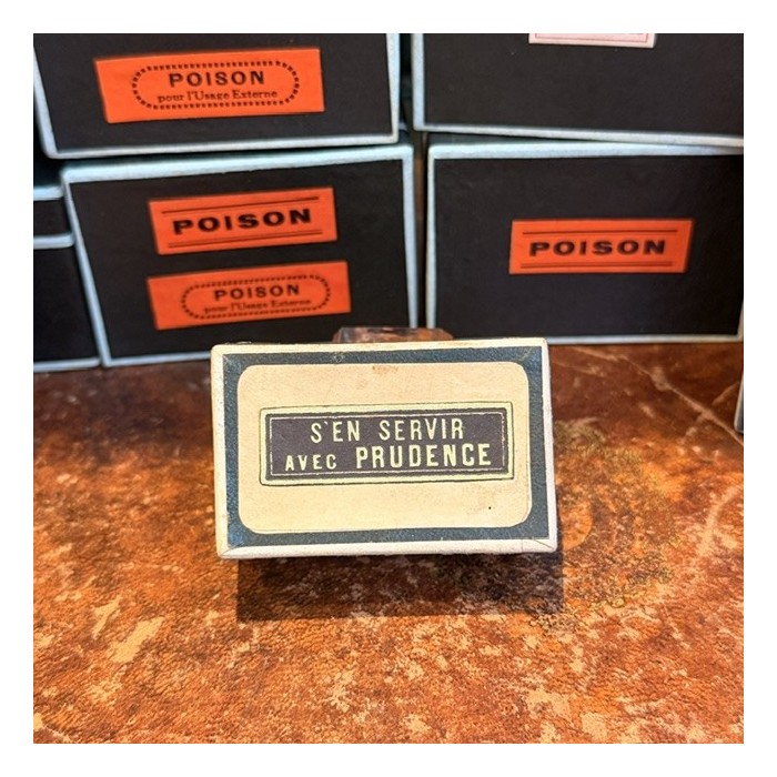 Use it with caution - Antique labels in a pharmacy box for remedy in canvas cardboard