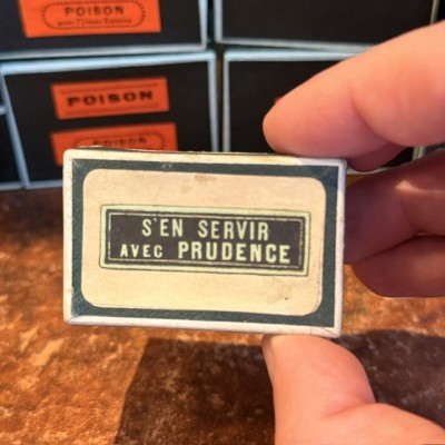 Use it with caution - Antique labels in a pharmacy box for remedy in canvas cardboard