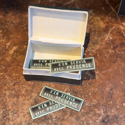 Use it with caution - Antique labels in a pharmacy box for remedy in canvas cardboard