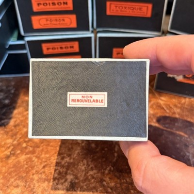 Non-renewable - Antique labels in a pharmacy box for remedy in canvas cardboard