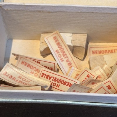 Non-renewable - Antique labels in a pharmacy box for remedy in canvas cardboard