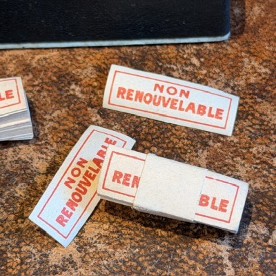Non-renewable - Antique labels in a pharmacy box for remedy in canvas cardboard