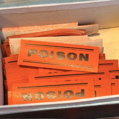 POISON - Antique labels in a pharmacy box for remedy in canvas cardboard