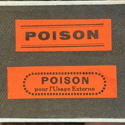 POISON - Antique labels in a pharmacy box for remedy in canvas cardboard