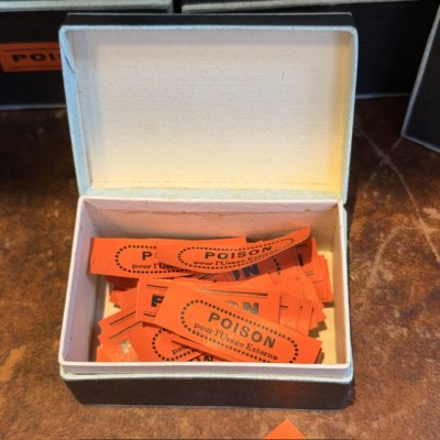 POISON - Antique labels in a pharmacy box for remedy in canvas cardboard