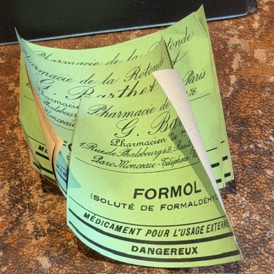 Formalin - Antique labels in a pharmacy box for remedy in canvas cardboard