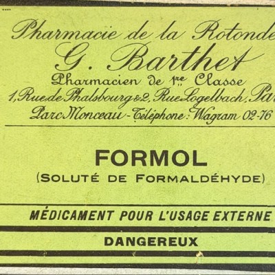 Formalin - Antique labels in a pharmacy box for remedy in canvas cardboard