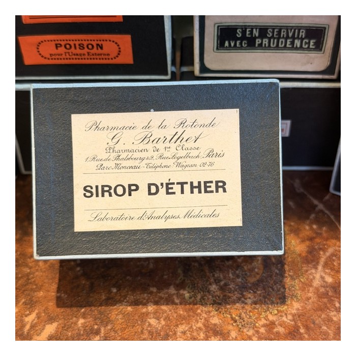 Sirop d'Ether - Antique labels in a pharmacy box for remedy in canvas cardboard