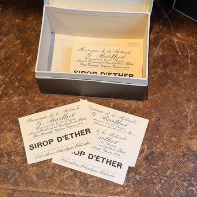 Sirop d'Ether - Antique labels in a pharmacy box for remedy in canvas cardboard