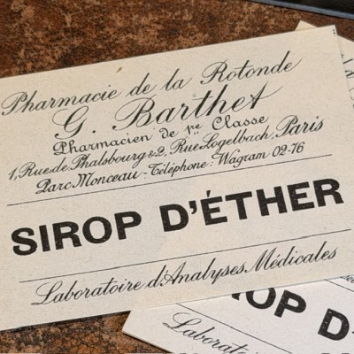 Sirop d'Ether - Antique labels in a pharmacy box for remedy in canvas cardboard
