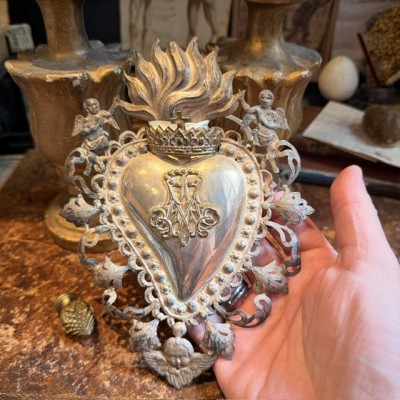 Grand ex-voto marial ancien en métal argenté - Toscane - Italie - XIXème siècle