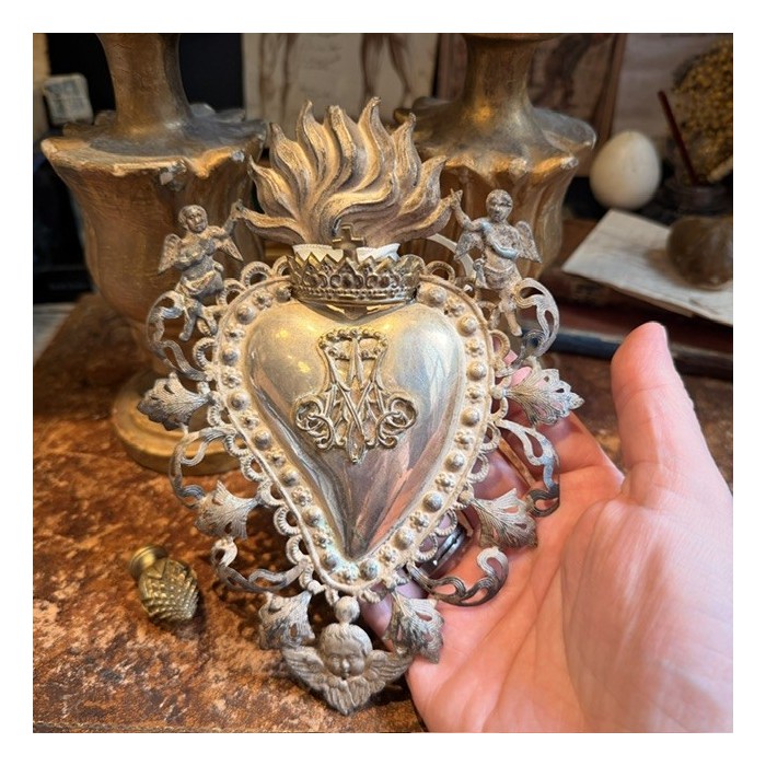 Large antique Marian ex-voto in silver-plated metal - Tuscany Italy - 19th century