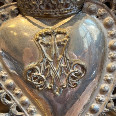 Grand ex-voto marial ancien en métal argenté - Toscane - Italie - XIXème siècle