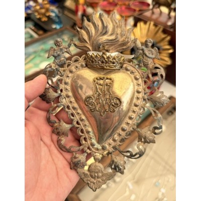 Grand ex-voto marial ancien en métal argenté - Toscane - Italie - XIXème siècle