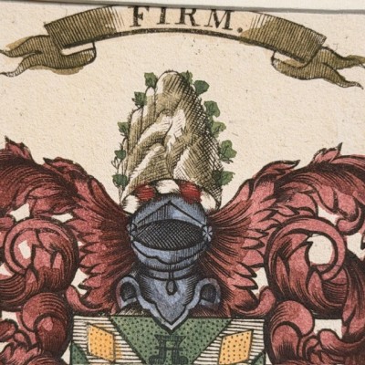 Original heraldic engraving on copper (1722) in colour - A System of Heraldry - By Alexander Nisbet