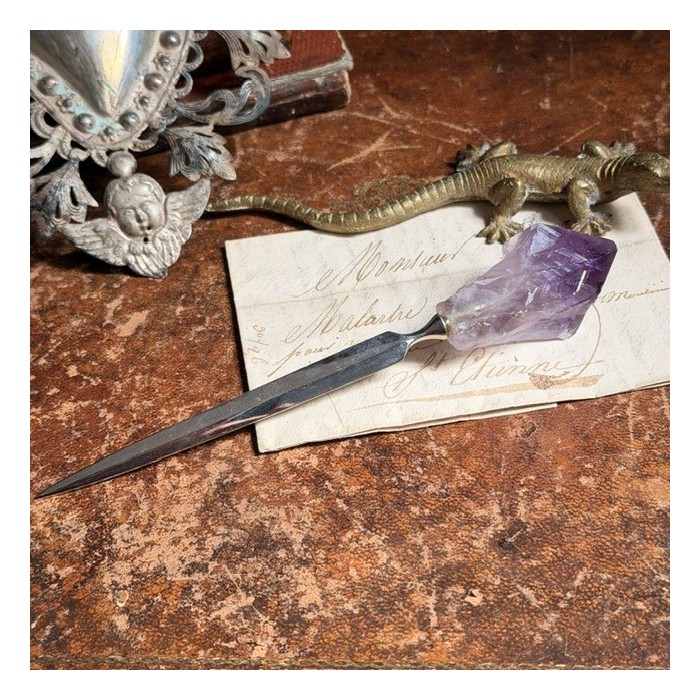 Office paper knife with raw natural amethyst handle