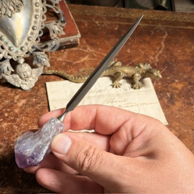 Office paper knife with raw natural amethyst handle