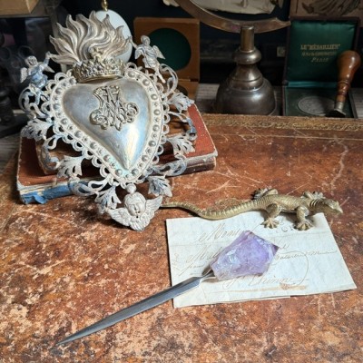 Office paper knife with raw natural amethyst handle