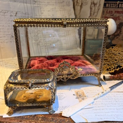 Large Napoleon III Beveled Glass and Brass Wedding Box - 19th Century - Bride's Crown Reliquary Display Case