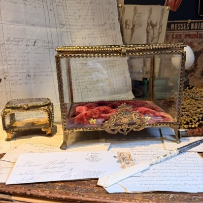 Large Napoleon III Beveled Glass and Brass Wedding Box - 19th Century - Bride's Crown Reliquary Display Case