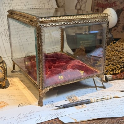 Large Napoleon III Beveled Glass and Brass Wedding Box - 19th Century - Bride's Crown Reliquary Display Case