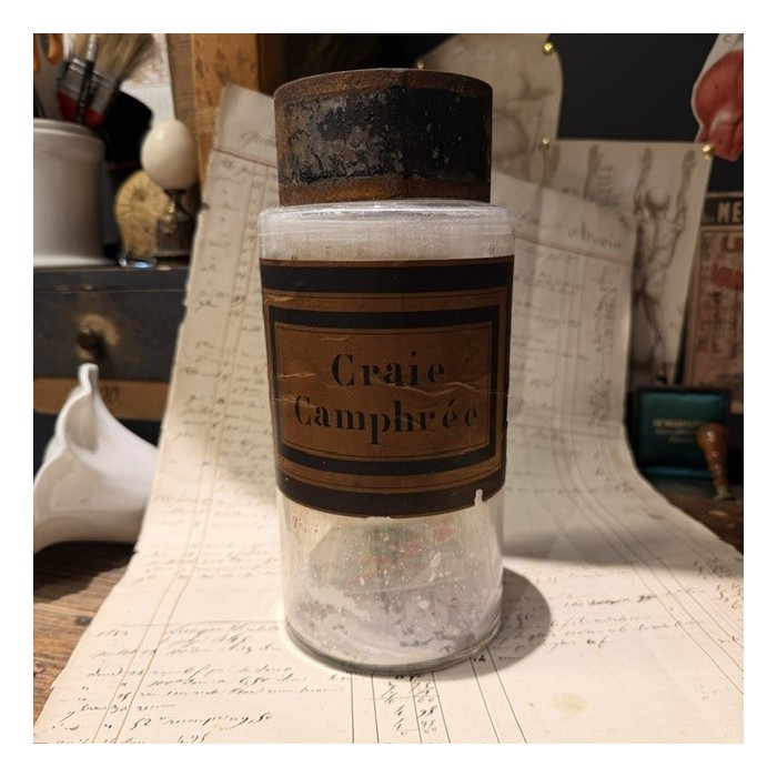 Camphor Chalk - Antique Pharmacy jar - Herbalism - Apothecary Mouth-blown glass bottle - XIXth century