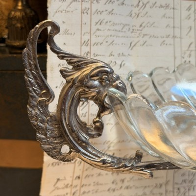 Silvered Spelter and Molded Glass Chimera Centerpiece - 19th Century Gothic Table Bowl