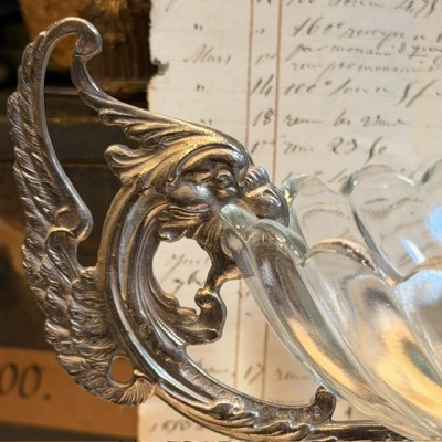 Silvered Spelter and Molded Glass Chimera Centerpiece - 19th Century Gothic Table Bowl