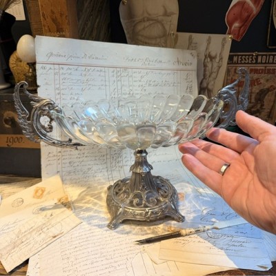 Silvered Spelter and Molded Glass Chimera Centerpiece - 19th Century Gothic Table Bowl