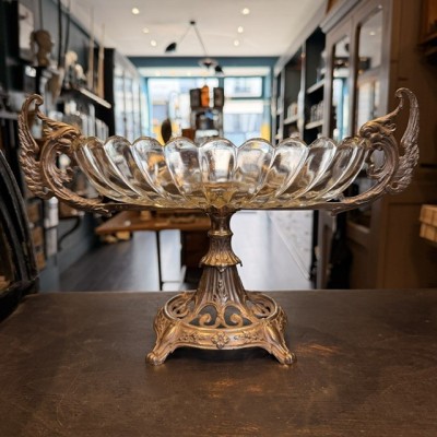 Silvered Spelter and Molded Glass Chimera Centerpiece - 19th Century Gothic Table Bowl